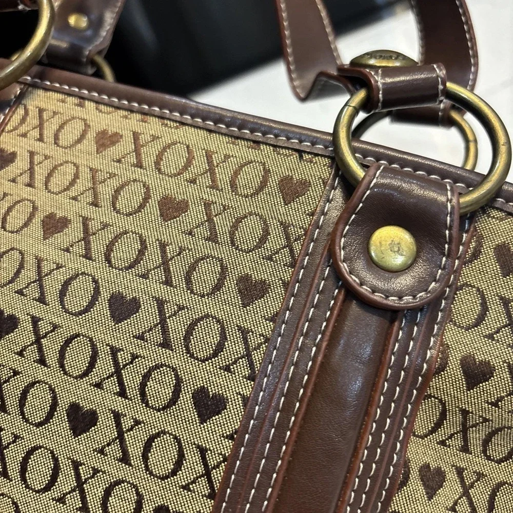 Vintage XOXO Shoulder Bag Purse Brown Canvas Studded Buckles Hobo Handbag Y2K